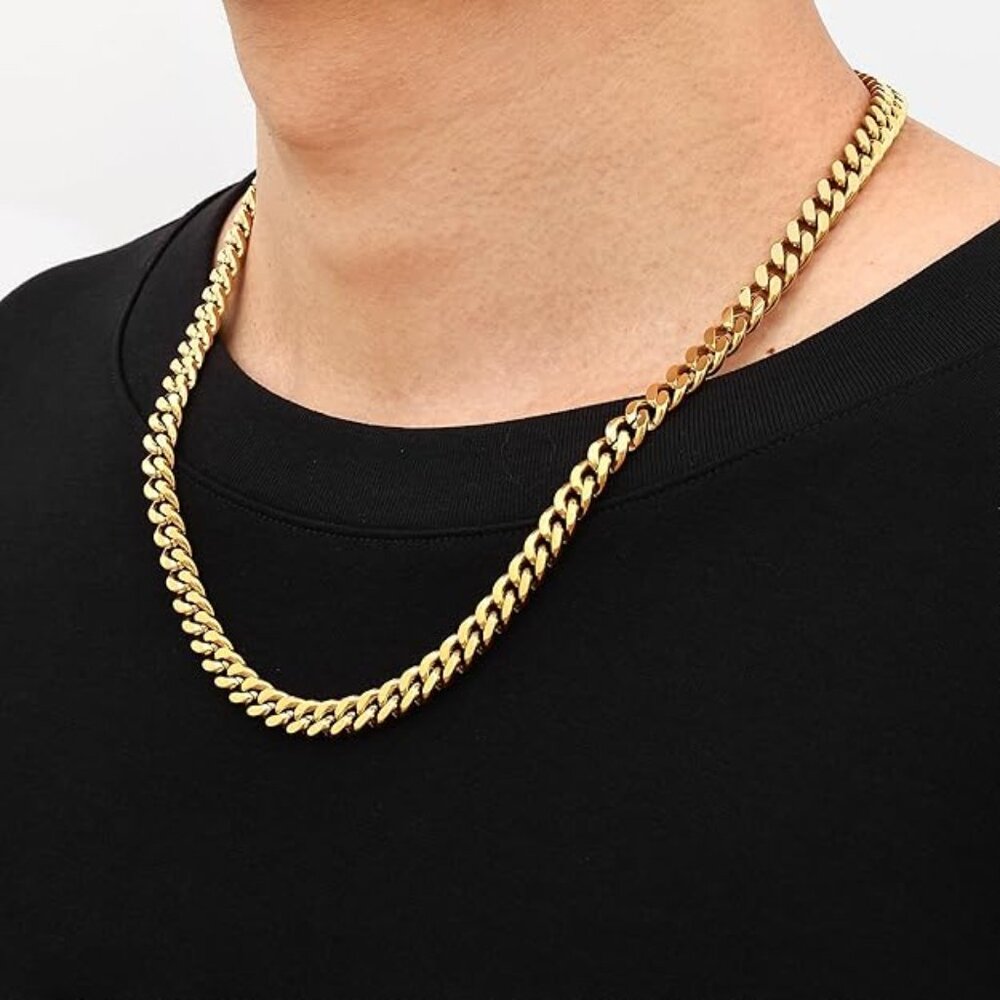 9mm Stainless Steel Cuban Link Chain Necklace 14K Gold Plated Chain Necklace